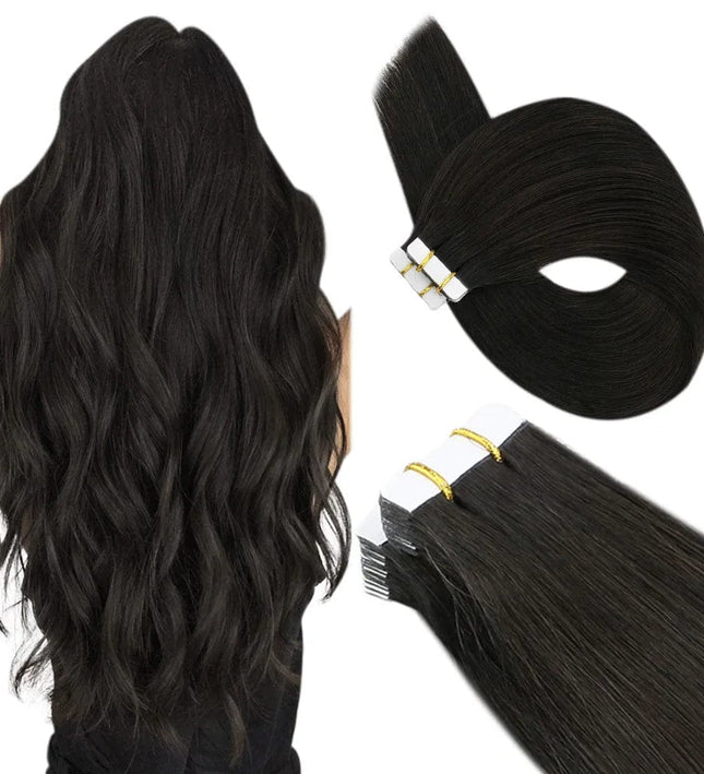 Extensions adhésives en cheveux naturels longs et raides pour femme, couleur brun foncé