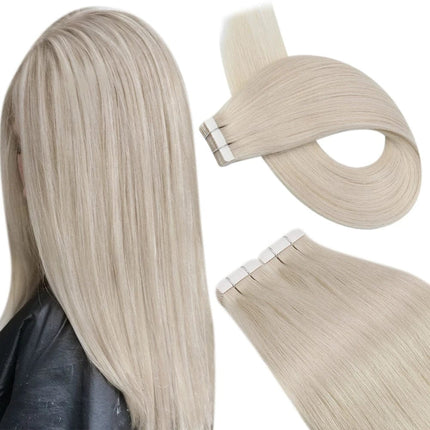 Extension cheveux longs à bandes adhésives blond platine naturels pour femme