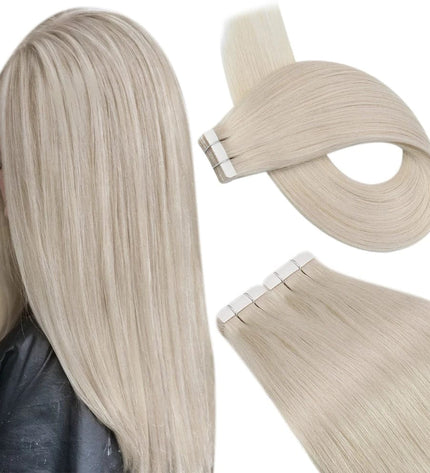 Extension cheveux longs à bandes adhésives blond platine naturels pour femme