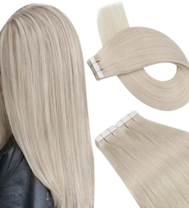 Extension cheveux longs à bandes adhésives blond platine naturels pour femme