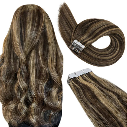 Extension de cheveux naturels longue raide brun clair avec bandes adhésives pour femme