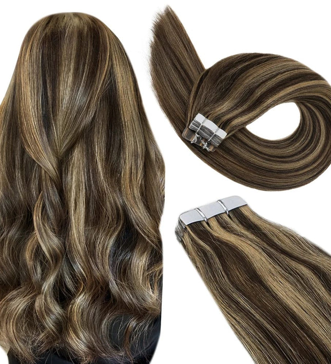 Extension de cheveux naturels longue raide brun clair avec bandes adhésives pour femme