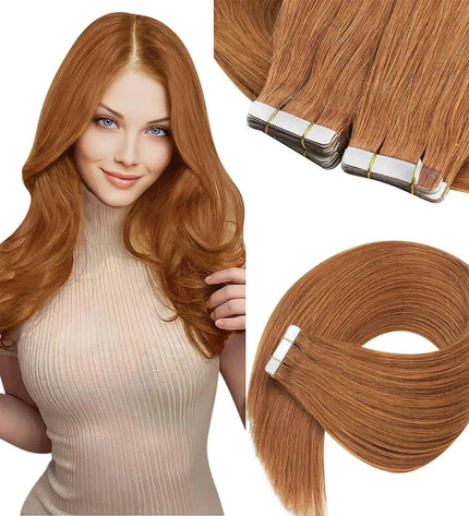 Extensions de cheveux naturels adhésives rousses pour un style élégant et naturel.