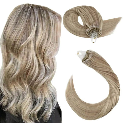 Extension de cheveux naturels blond cendré ondulés avec anneaux discrets et élégants