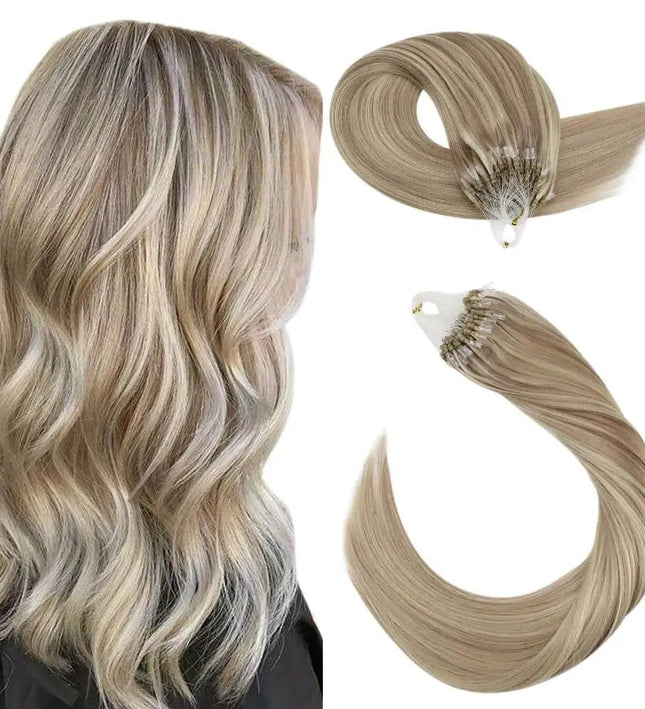 Extension de cheveux naturels blond cendré ondulés avec anneaux discrets et élégants