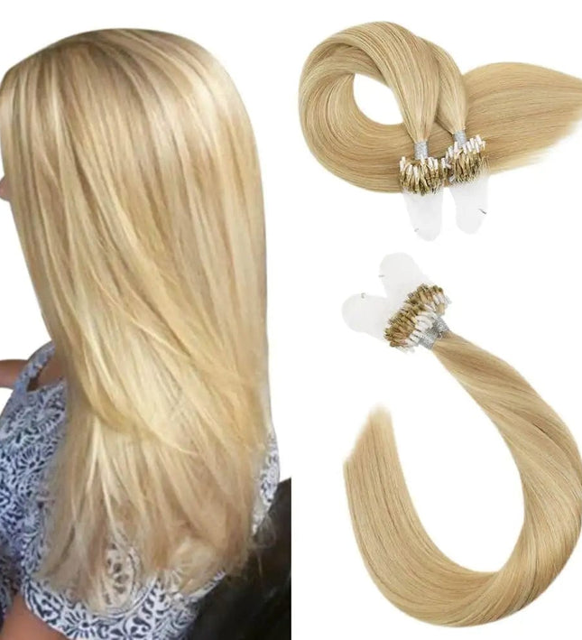 Extension longue blonde en cheveux naturels avec anneaux pour un look élégant et soyeux.