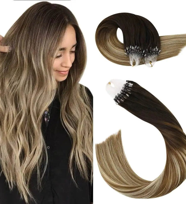 Extensions de cheveux naturels à anneaux en brun et blond pour un look volumineux