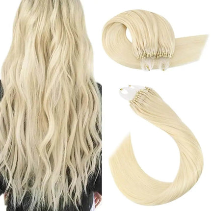 Extensions capillaires blond platine ondulées avec anneaux pour un look naturel