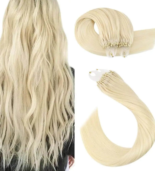 Extensions capillaires blond platine ondulées avec anneaux pour un look naturel