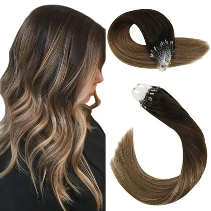 Extension de cheveux naturels balayage marron doré avec anneaux invisibles pour volume