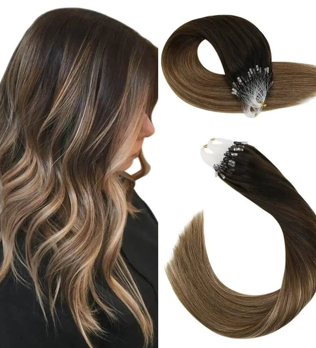 Extension de cheveux naturels balayage marron doré avec anneaux invisibles pour volume