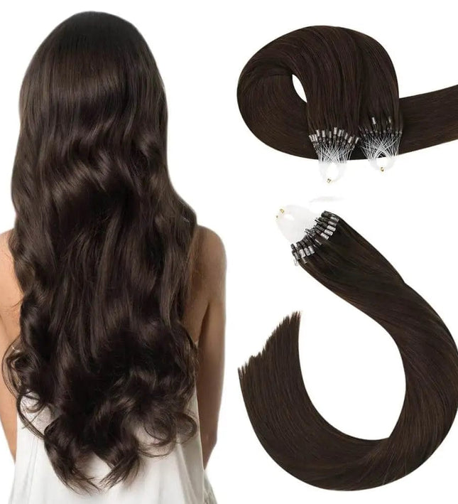 Extension naturelle cheveux bruns ondulés avec anneaux, parfaite pour ajout de volume