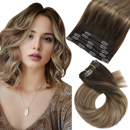 Extensions de cheveux à clip mi-longues lisses couleur brun avec reflets blonds pour femme