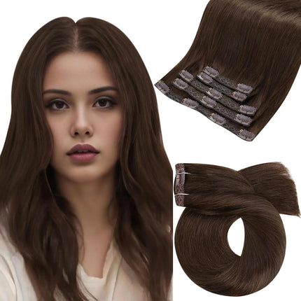 Extensions de cheveux raides à clips mi-longues en brun chocolat pour un look naturel et soyeux.