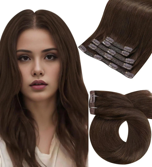 Extensions de cheveux raides à clips mi-longues en brun chocolat pour un look naturel et soyeux.