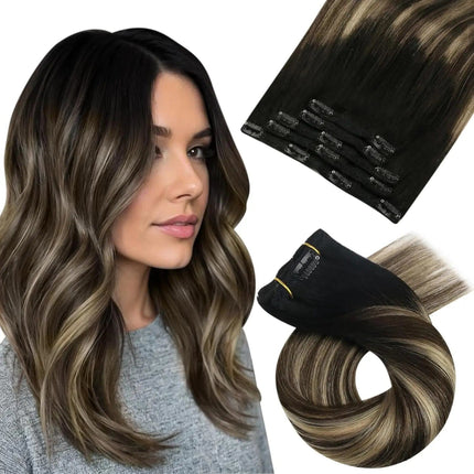 Extension cheveux à clip mi-longue raide avec reflet brun et blond pour look naturel élégant