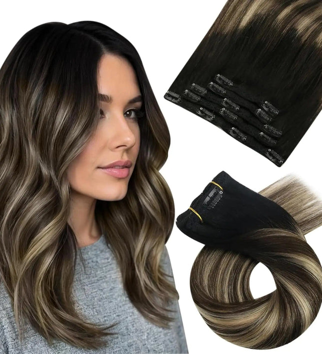 Extension cheveux à clip mi-longue raide avec reflet brun et blond pour look naturel élégant