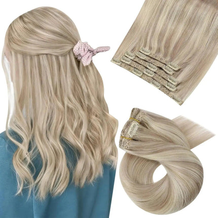 Extension à clip mi-longue ondulée couleur blond platine pour coiffure naturelle