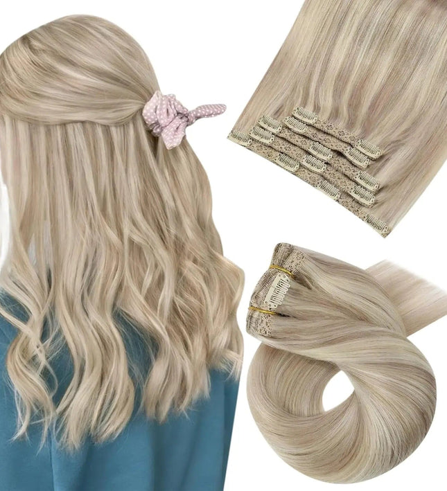 Extension à clip mi-longue ondulée couleur blond platine pour coiffure naturelle