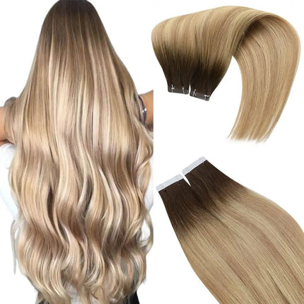 Extensions adhésives longues en ombré blond naturel pour un look élégant et soigné