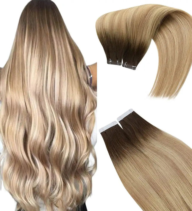 Extensions adhésives longues en ombré blond naturel pour un look élégant et soigné