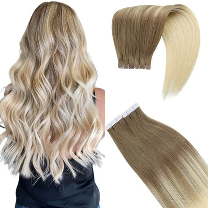 Extensions adhésives ombrées blondes longues pour un look naturel et élégant