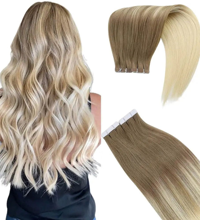 Extensions adhésives ombrées blondes longues pour un look naturel et élégant