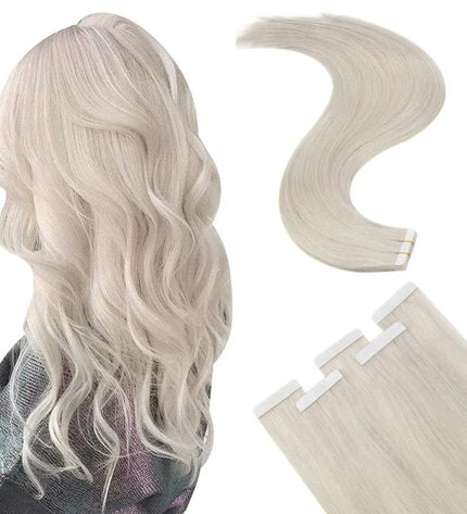 Extension adhésive ondulée blonde platine pour un look naturel et élégant