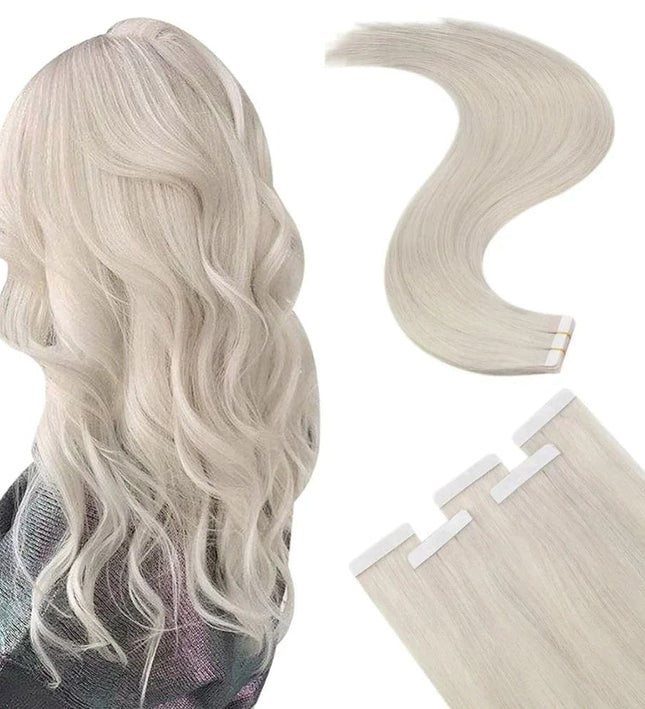 Extension adhésive ondulée blonde platine pour un look naturel et élégant