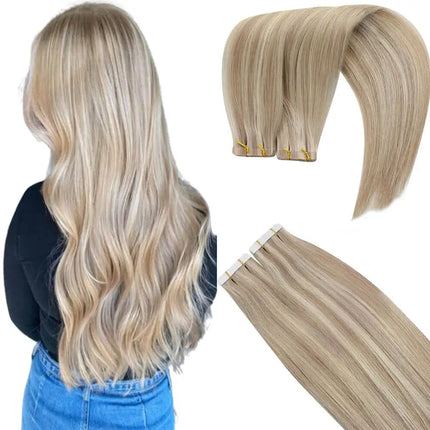 Extensions adhésives blond platine longues pour un look naturel et élégant.