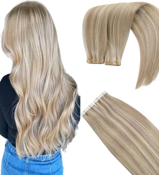 Extensions adhésives blond platine longues pour un look naturel et élégant.