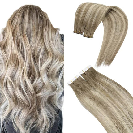 Extensions de cheveux adhésives longues en blond cendré pour un look naturel et volumineux