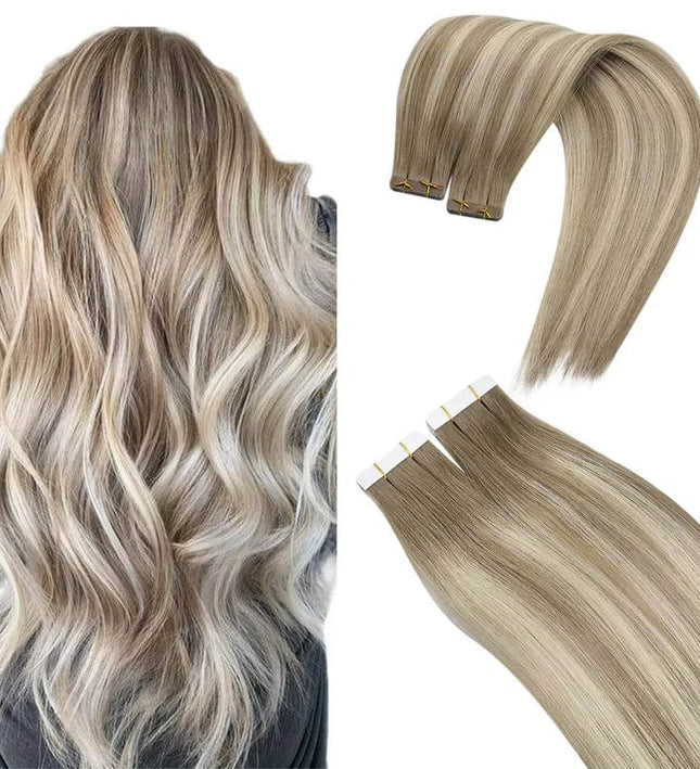 Extensions de cheveux adhésives longues en blond cendré pour un look naturel et volumineux