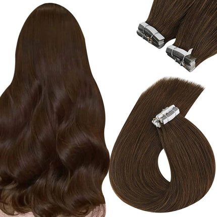 Extensions adhésives naturelles raides couleur marron pour un look lisse et élégant