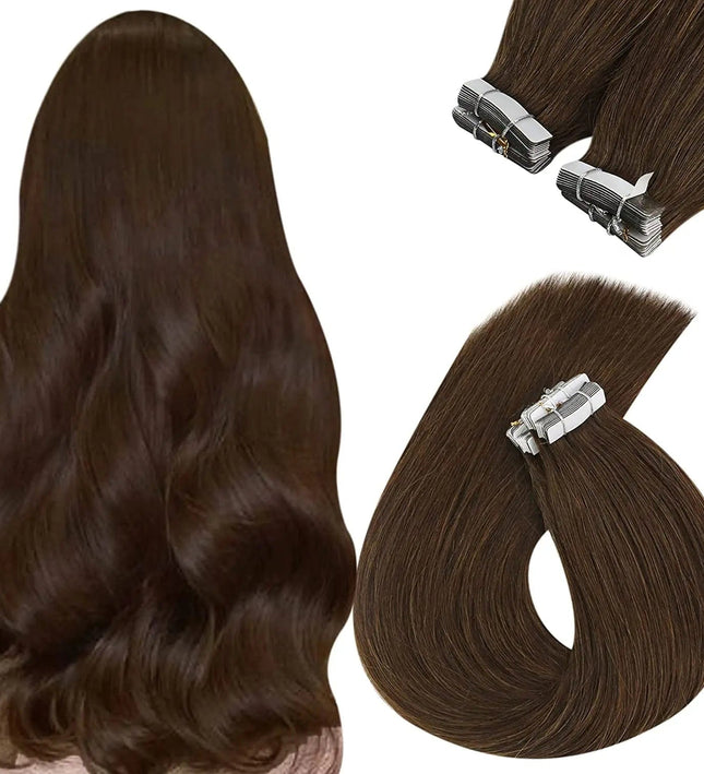 Extensions adhésives naturelles raides couleur marron pour un look lisse et élégant