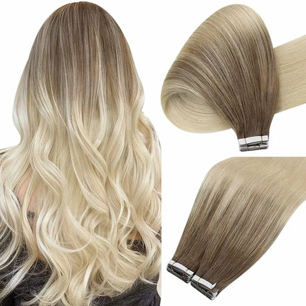 Extensions de cheveux adhésives ondulées effet naturel en blond cendré ombré