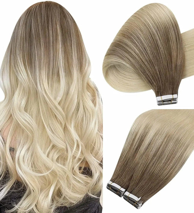 Extensions de cheveux adhésives ondulées effet naturel en blond cendré ombré