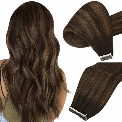 Extensions adhésives naturelles raides en brun foncé pour un look discret et élégant.