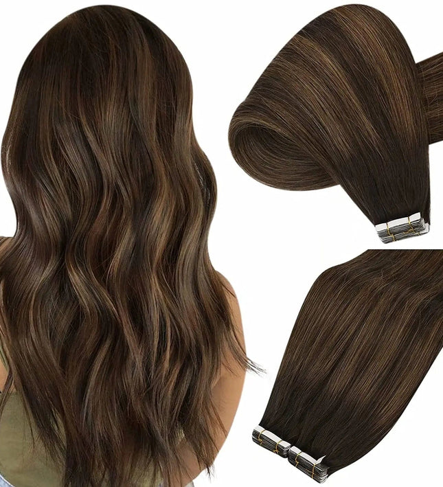 Extensions adhésives naturelles raides en brun foncé pour un look discret et élégant.