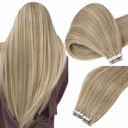 Extensions de cheveux adhésives naturelles raides en blond clair longueur mi-dos