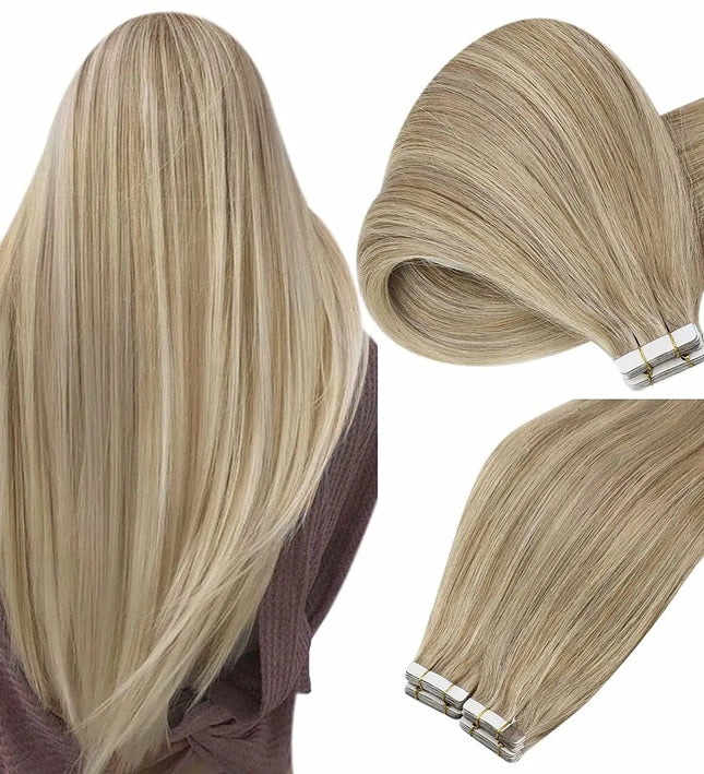 Extensions de cheveux adhésives naturelles raides en blond clair longueur mi-dos