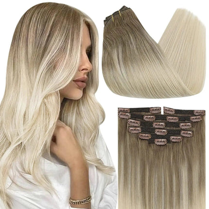 Extensions de cheveux clip-in longues en blond cendré pour un style naturel et chic.