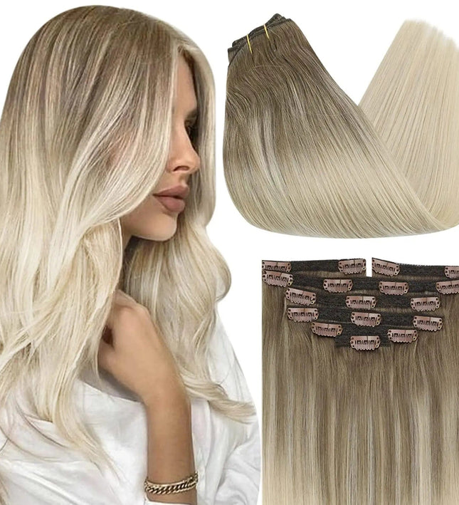 Extensions de cheveux clip-in longues en blond cendré pour un style naturel et chic.