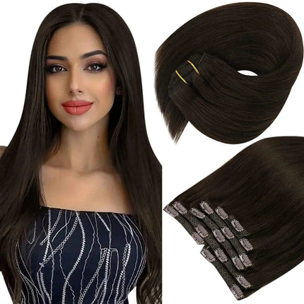 Extensions de cheveux mi-longues à clip marron foncé pour un look naturel et élégant