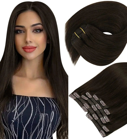 Extensions de cheveux mi-longues à clip marron foncé pour un look naturel et élégant