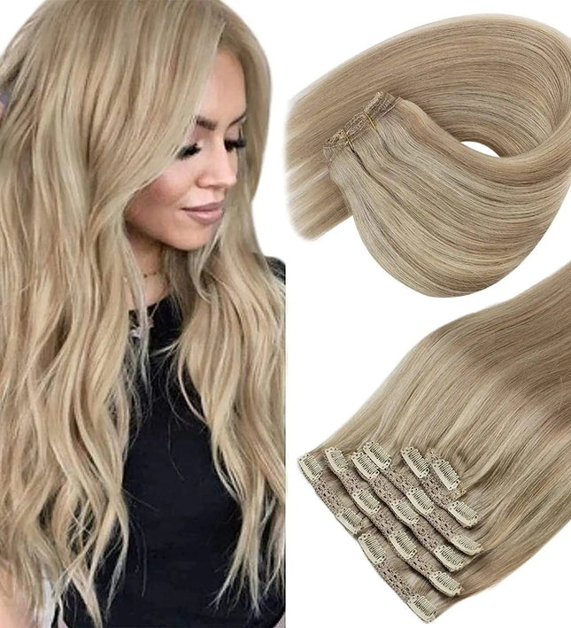 Balayage blonde extensions à clip mi-longue pour un look naturel et élégant