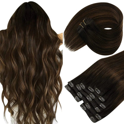 Extensions à clip ondulées mi-longues en brun pour un look naturel et élégant