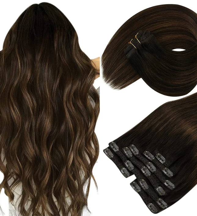 Extensions à clip ondulées mi-longues en brun pour un look naturel et élégant