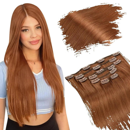 Extensions de cheveux lisses châtain à clip pour femme, look naturel et élégant