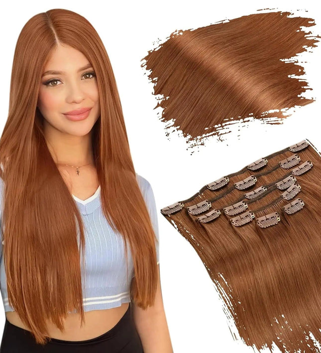 Extensions de cheveux lisses châtain à clip pour femme, look naturel et élégant